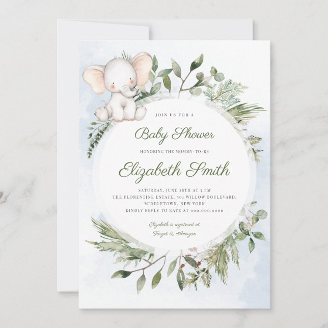 Elephant Greenery Foliage Boy Blue Baby Shower  Invitation (Front)