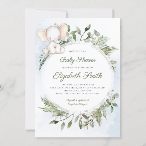 Elephant Greenery Foliage Boy Blue Baby Shower  Invitation