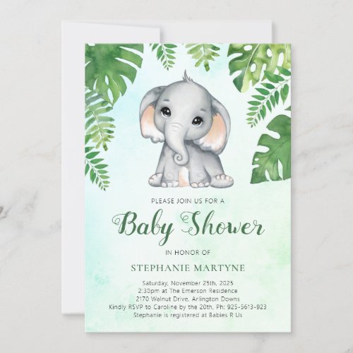 Elephant Greenery Foliage Watercolor Baby Shower I Invitation