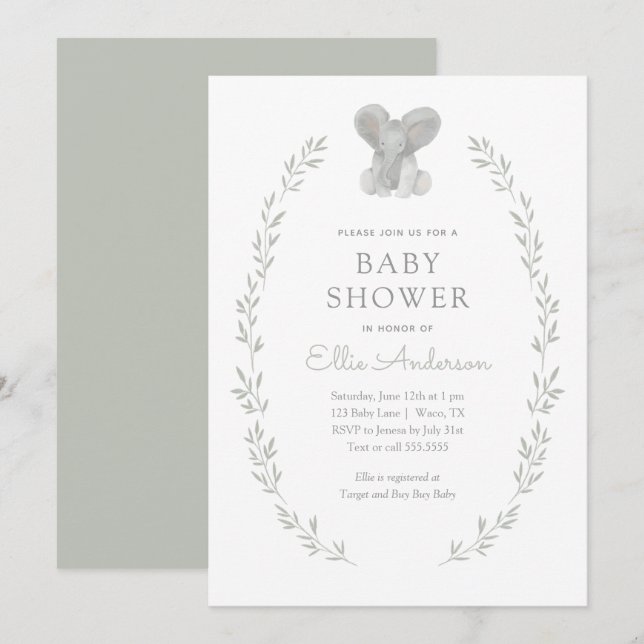 Elephant Greenery Gender Neutral Baby Shower Invitation (Front/Back)
