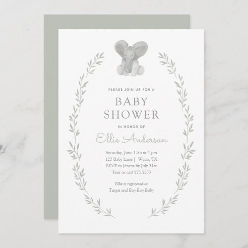 Elephant Greenery Gender Neutral Baby Shower Invitation