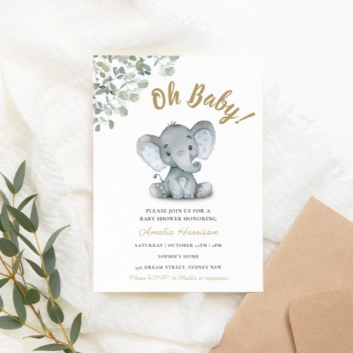 Elephant Greenery  Gender Neutral Baby Shower Invitation