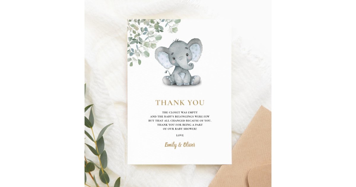 Elephant Greenery Gender Neutral Baby Shower Thank You Card | Zazzle