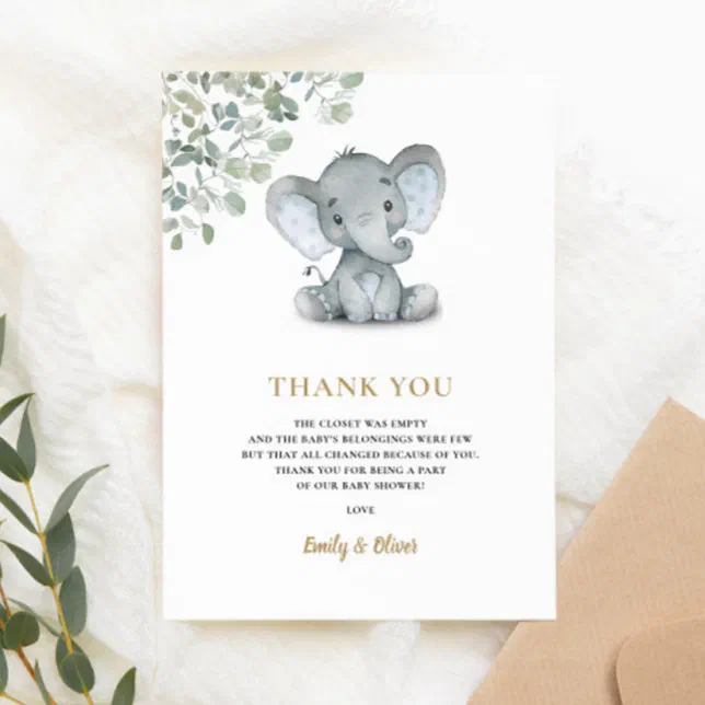 Elephant Greenery Gender Neutral Baby Shower Thank You Card | Zazzle