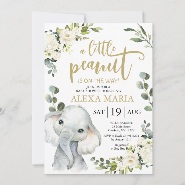 Elephant Greenery Peanut Baby Shower Invite (Front)