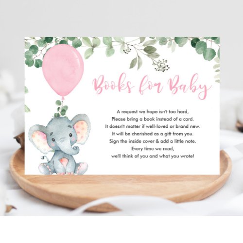 Elephant greenery pink balloon books for baby girl enclosure card