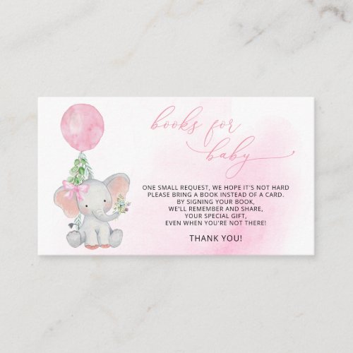 Elephant Greenery Pink Balloon Books for Baby Girl Enclosure Card