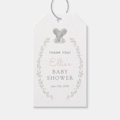 Elephant Greenery Pink Girl Baby Shower Gift Tags