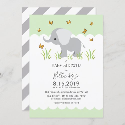 Elephant Grey Stripes Baby Shower Invite