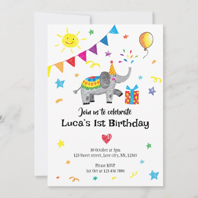 Elephant Hand Drawn First Birthday Invitation (Front)
