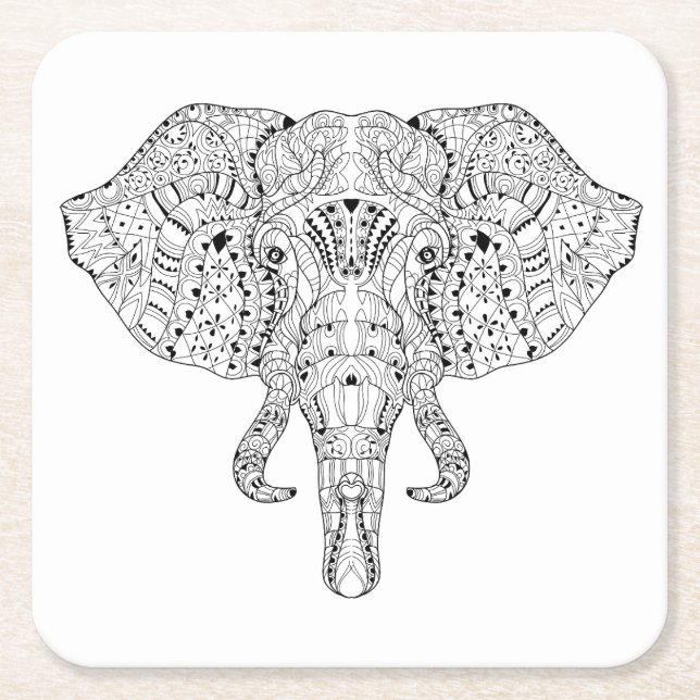Elephant Head Doodle Sketch Square Paper Coaster (Front)