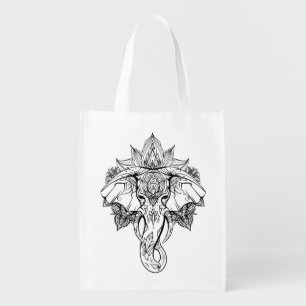 Elephant head with boho ornaments  grocery bag