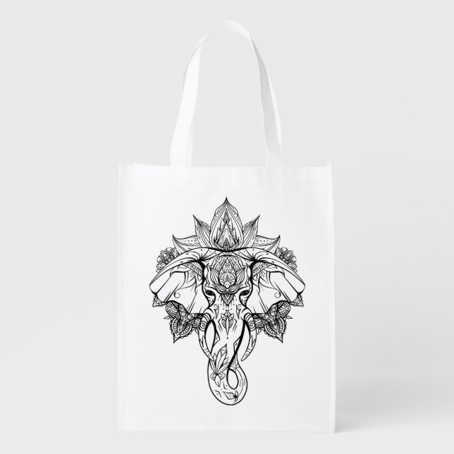 Elephant head with boho ornaments  grocery bag (Front)