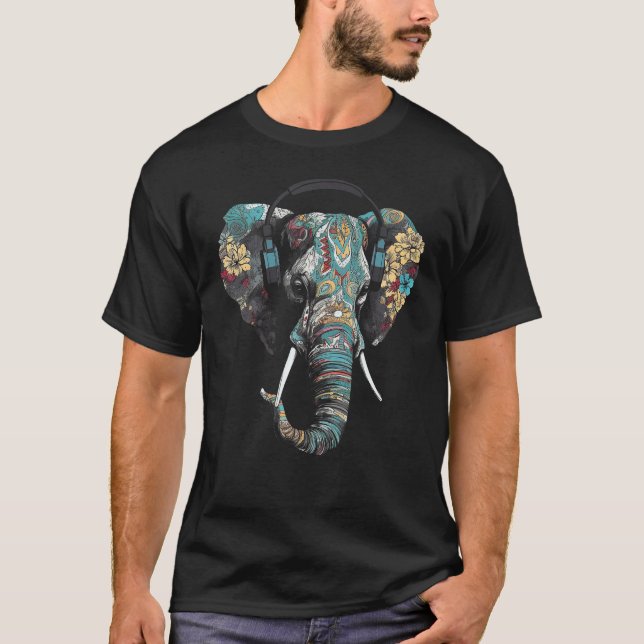 Elephant Headphones Artwork Music Animal Flower El T-Shirt (Front)