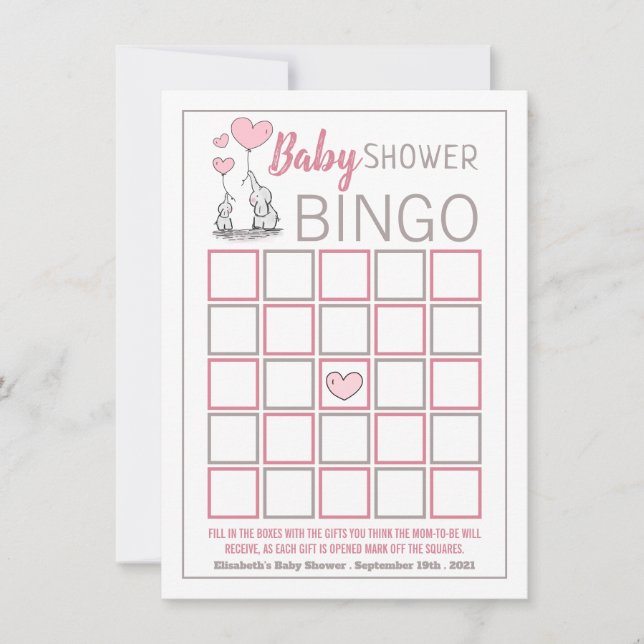 Elephant Hearts Baby Shower Bingo (Front)