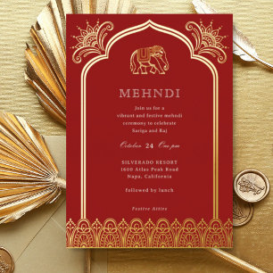 Elephant & Henna Design Pattern Indian Mehndi Gold Foil Invitation