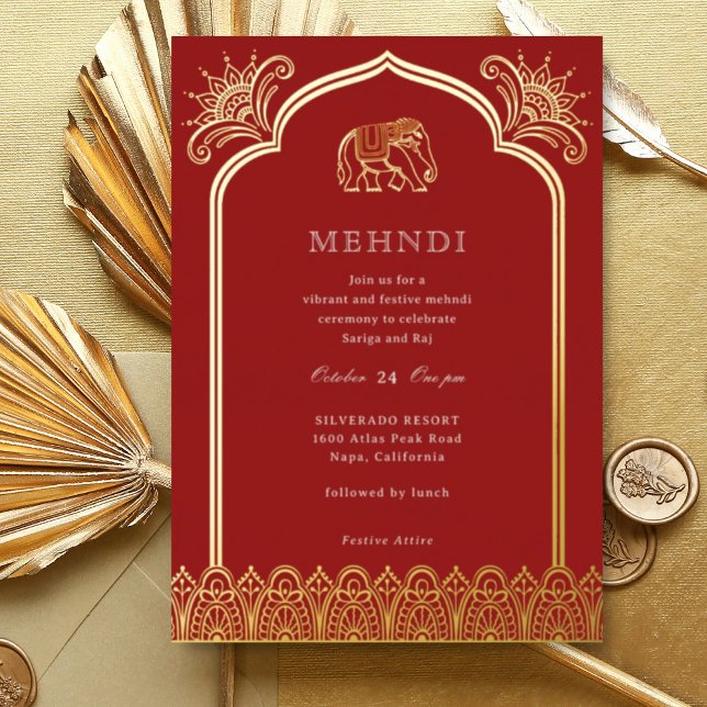 Elephant & Henna Design Pattern Indian Mehndi Gold Foil Invitation (Red Indian wedding Mehndi invitation, elephant and lotus flower, hindu wedding invitation card)