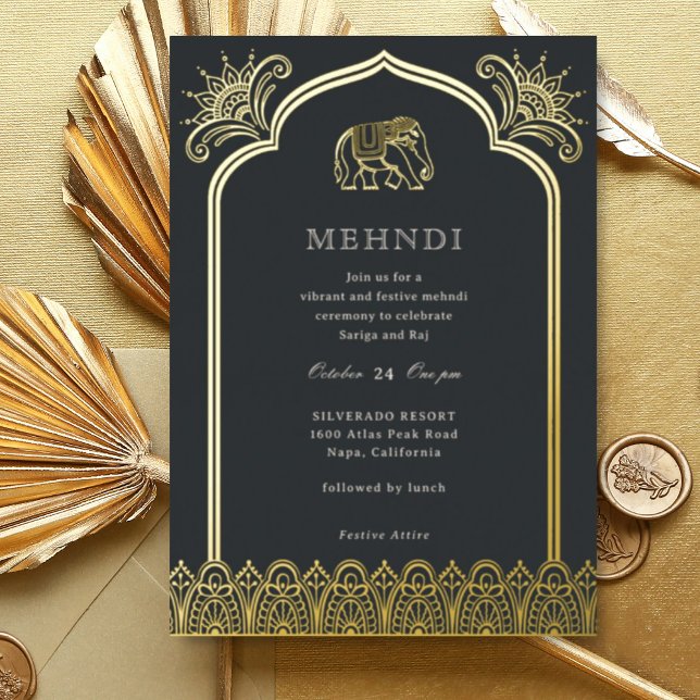 Elephant & Henna Design Pattern Indian Mehndi Gold Foil Invitation (Black Indian wedding Mehndi invitation, elephant and lotus flower, hindu wedding invitation card)
