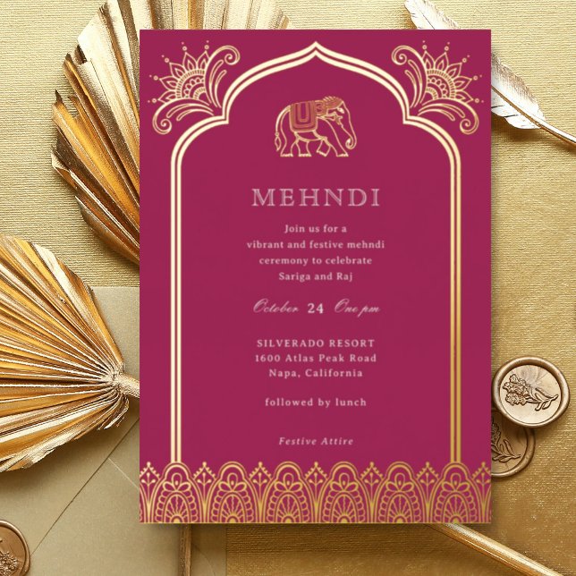Elephant & Henna Design Pattern Indian Mehndi Gold Foil Invitation (Pink Indian wedding Mehndi invitation, elephant and lotus flower, hindu wedding invitation card)