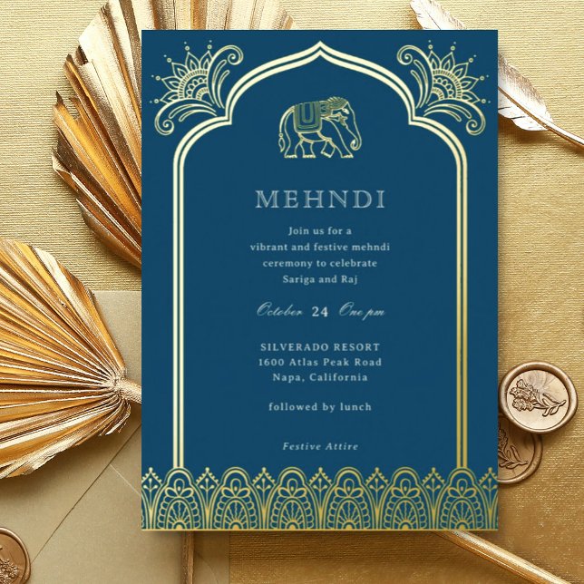 Elephant & Henna Design Pattern Indian Mehndi Gold Foil Invitation (Blue Indian wedding Mehndi invitation, elephant and lotus flower, hindu wedding invitation card)