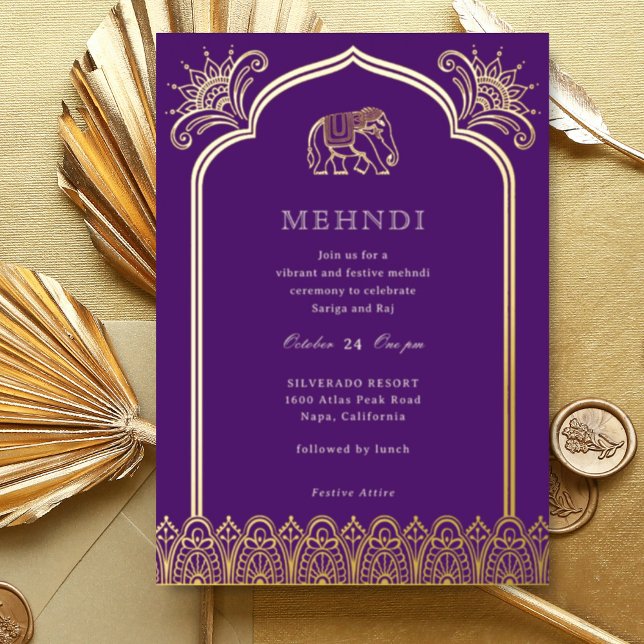 Elephant & Henna Design Pattern Indian Mehndi Gold Foil Invitation (Purple Indian wedding Mehndi invitation, elephant and lotus flower, hindu wedding invitation card)