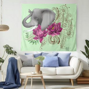 Elephant Henna Lotus Flowers Tapestry