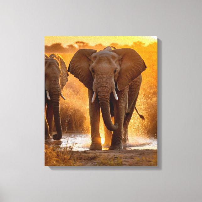  Elephant Herd at Watering Hole Canvas Print (Front)