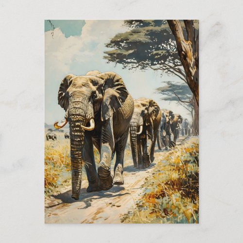 Elephant herd vintage postcard