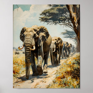 Elephant herd vintage poster