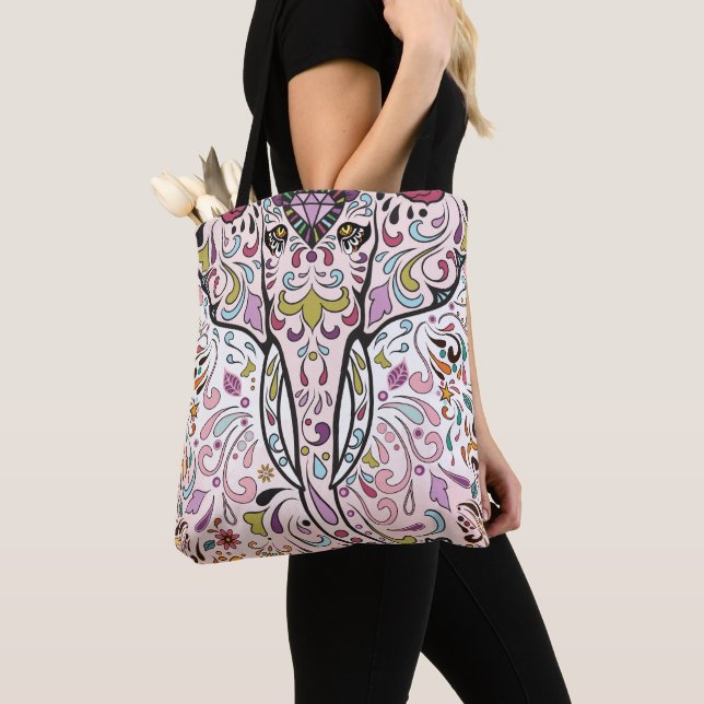 Elephant Hindi India Sugar Skull Pattern Tote Bag (Close Up)