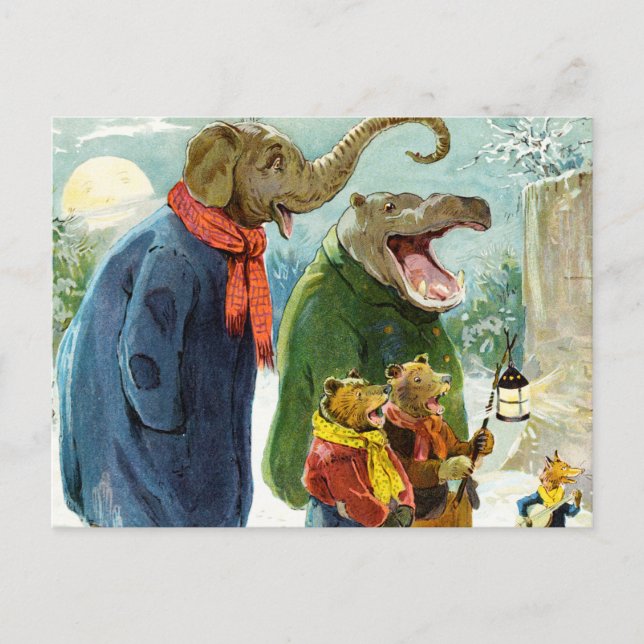 Elephant, Hippopotamus & Bears Go Caroling Postcard (Front)