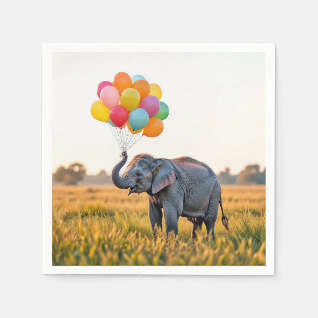 Elephant Holding A Birthday Balloon Bouquet Napkins (Front)