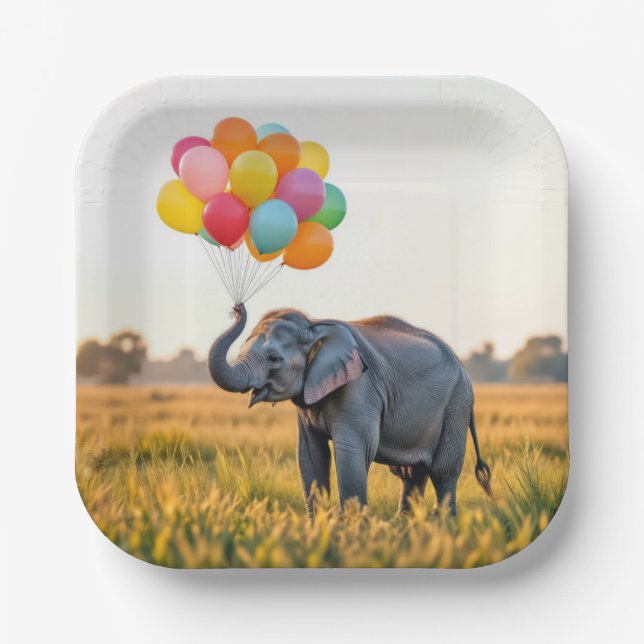 Elephant Holding A Birthday Balloon Bouquet Paper Plates (Front)