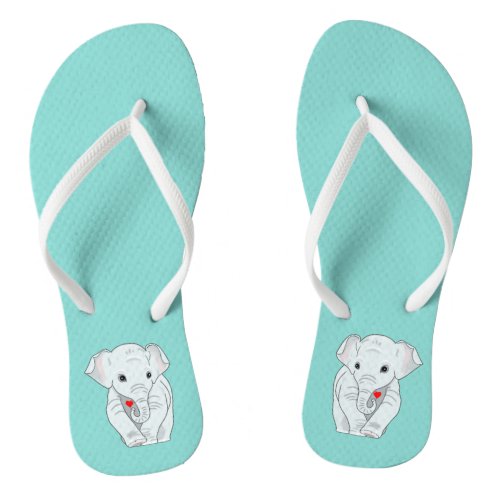 Elephant Holding a Heart on Teal Flip Flops