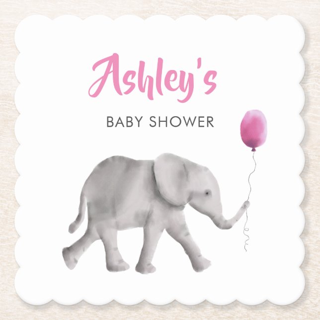 Elephant Holding Balloon Baby Shower Paper Coaster (Front)