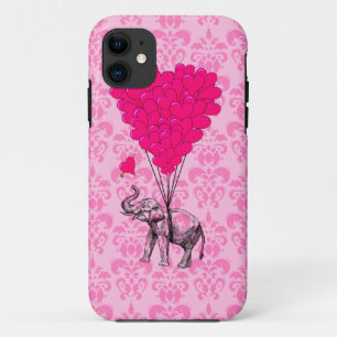 Elephant holding heart on pink damask iPhone 11 case