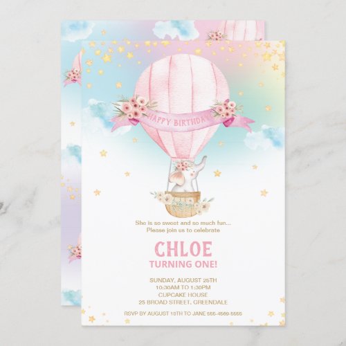 Elephant Hot Air Balloon 1st Birthday Girl Invitation