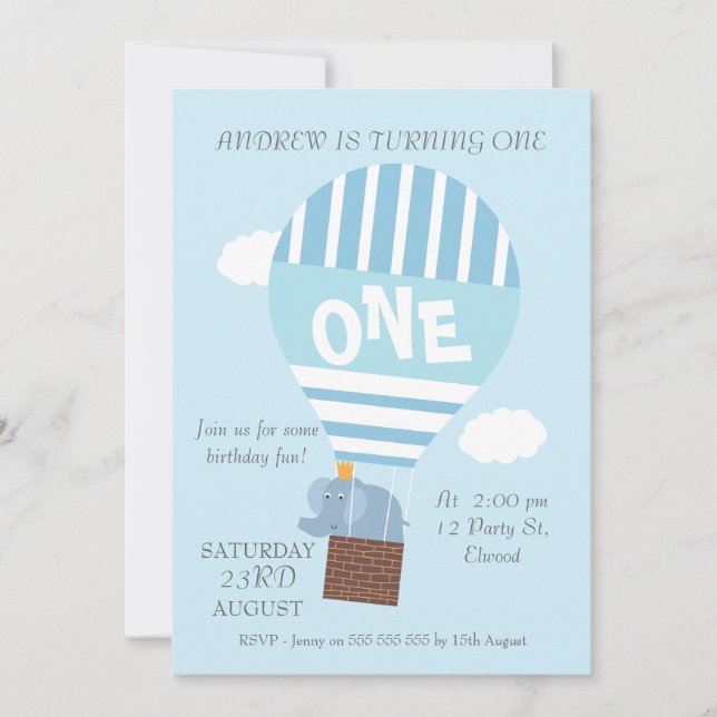 Elephant Hot Air Balloon 1st Birthday Invitation (Front)