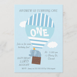 Elephant Hot Air Balloon 1st Birthday Invitation
