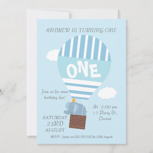 Elephant Hot Air Balloon 1st Birthday Invitation