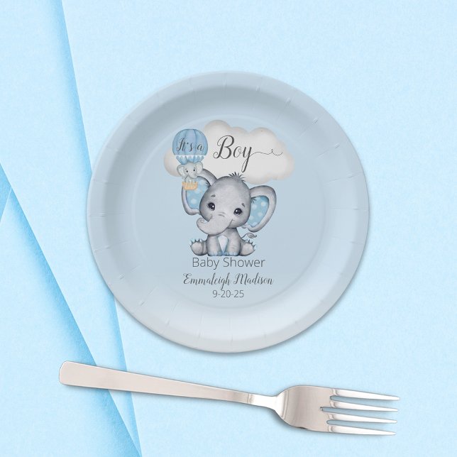 Elephant Hot Air Balloon Baby Boy Shower Paper Plates (Creator Uploaded)