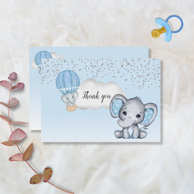 Elephant Hot Air Balloon Baby Boy Shower Thank You Card (Creator Uploaded)