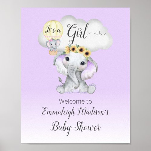 Elephant Hot Air Balloon Baby Girl Purple Welcome Poster