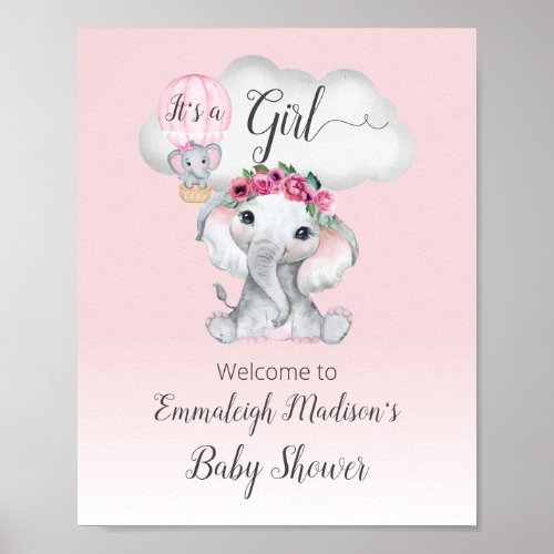 Elephant Hot Air Balloon Baby Girl Welcome Poster