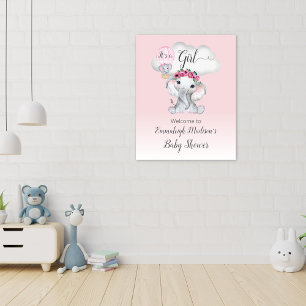 Elephant Hot Air Balloon Baby Girl Welcome Poster