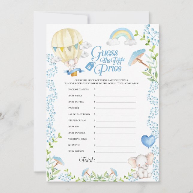 Elephant Hot Air Balloon Baby Price Game Invitation (Front)