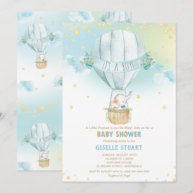 Elephant Hot Air Balloon Baby Shower Boy Whimsy Invitation (Front/Back)