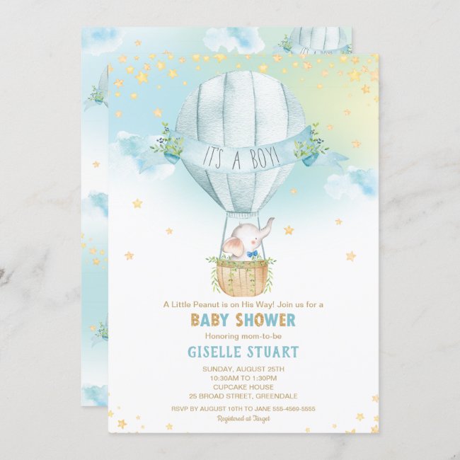 Elephant Hot Air Balloon Baby Shower Boy Whimsy Invitation