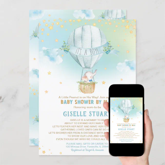 Elephant Hot Air Balloon Baby Shower by Mail Boy Invitation | Zazzle