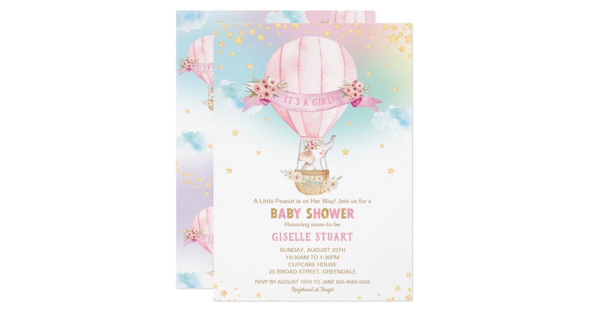 Elephant Hot Air Balloon Baby Shower Girl Invitation
